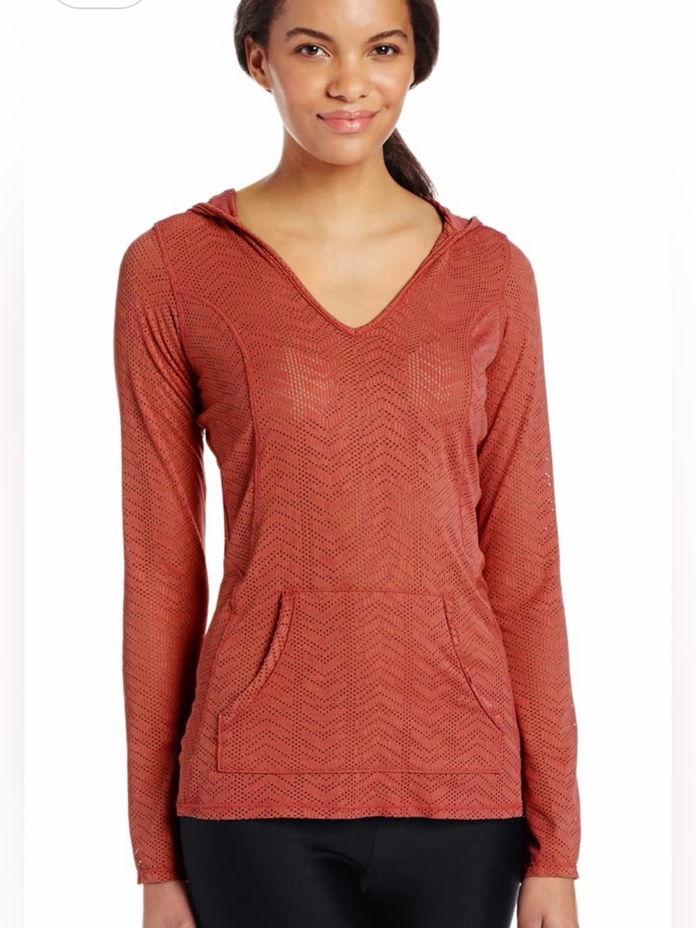 prAna Women’s Size Medium Angie Mesh Hoodie Pullover V-Neck Logo Orange USA Made